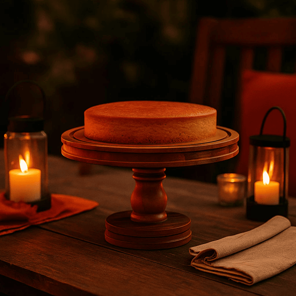Raw acacia cake stand in rustic farmhouse kitchen