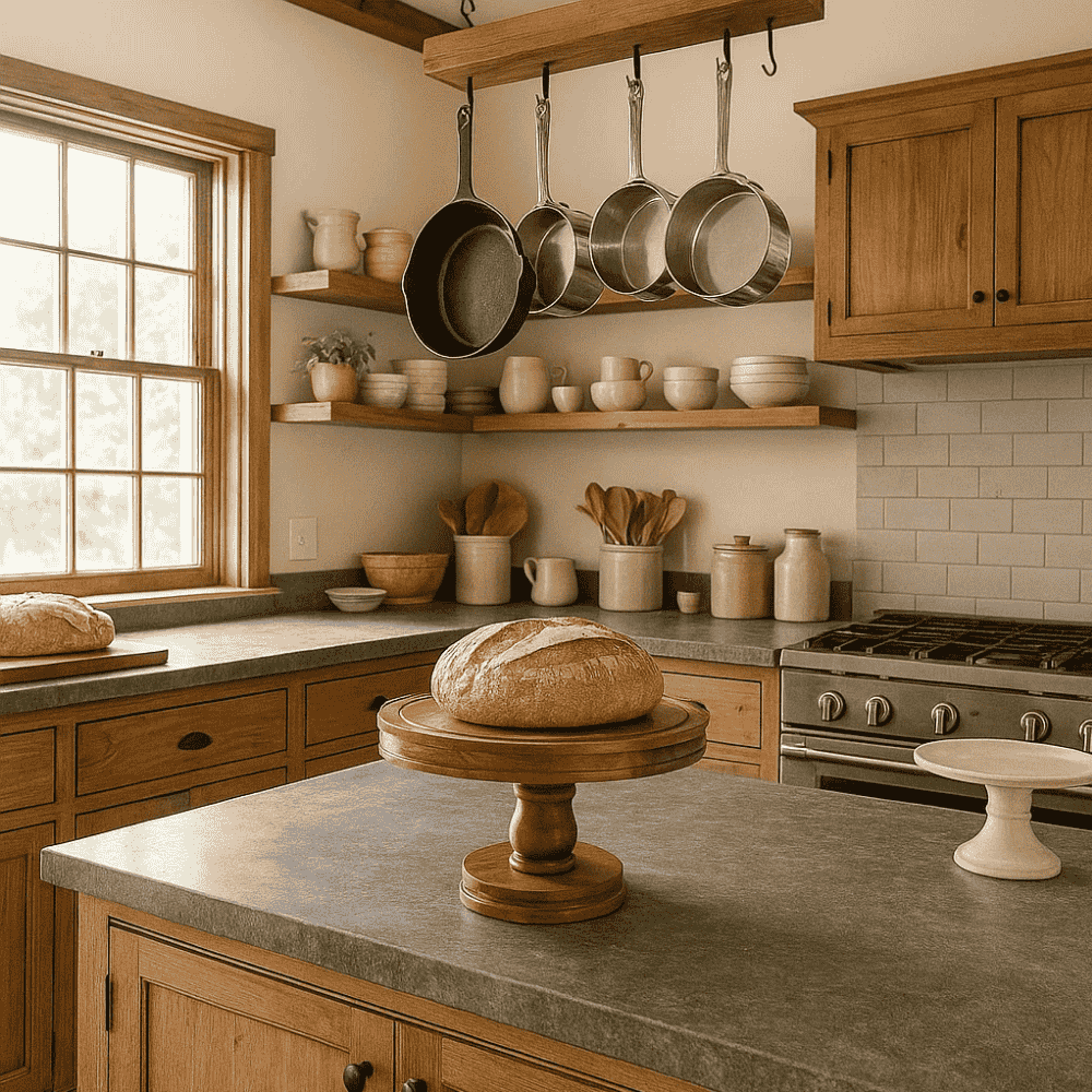 Farmhouse acacia stand with tarts on dining table