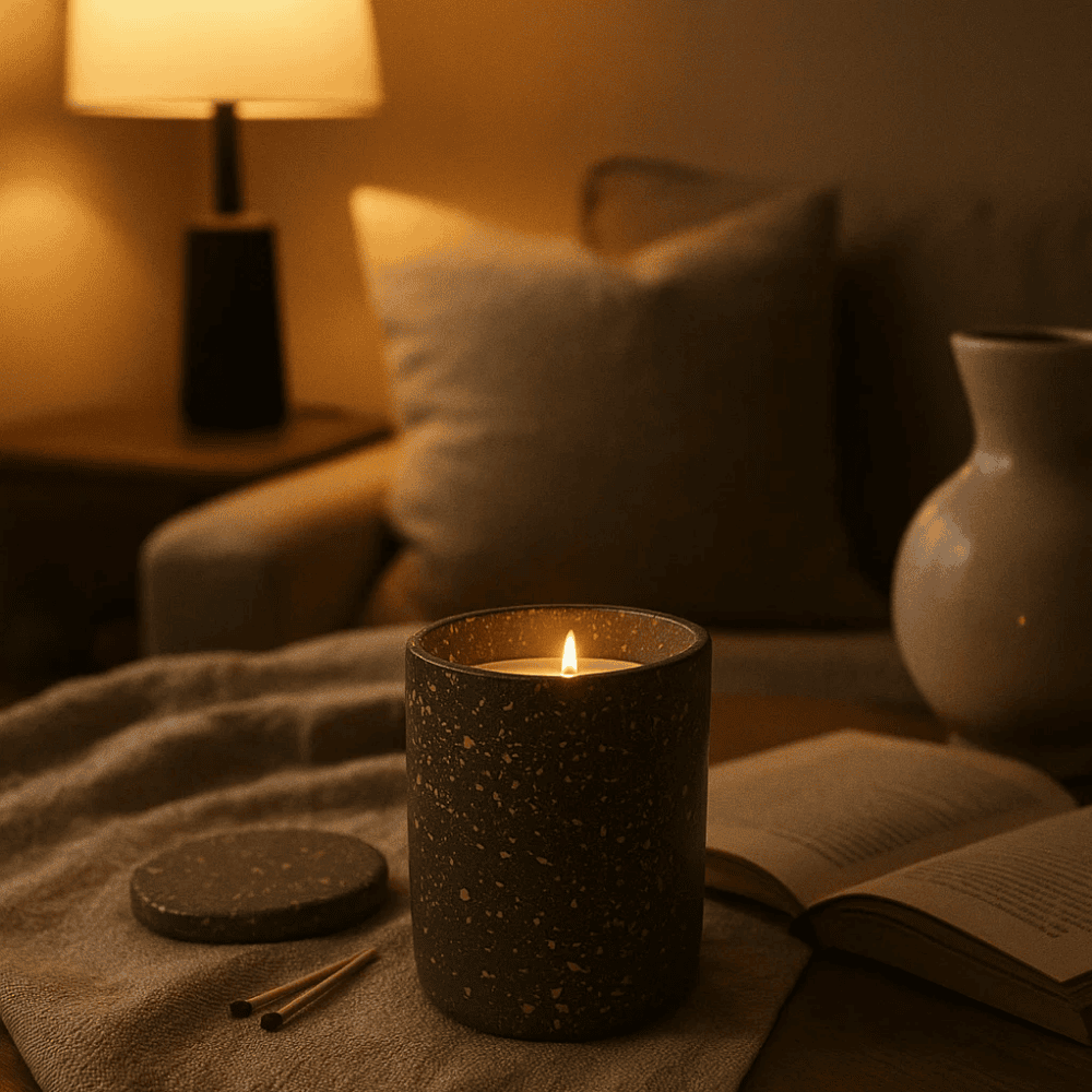 Vanilla noir concrete jar on bedside table lifestyle