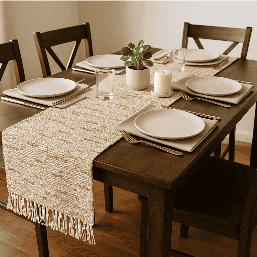 Earthy cotton table runner close-up of texture