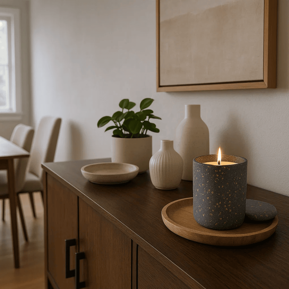 Vanilla noir candle in concrete jar styling shot