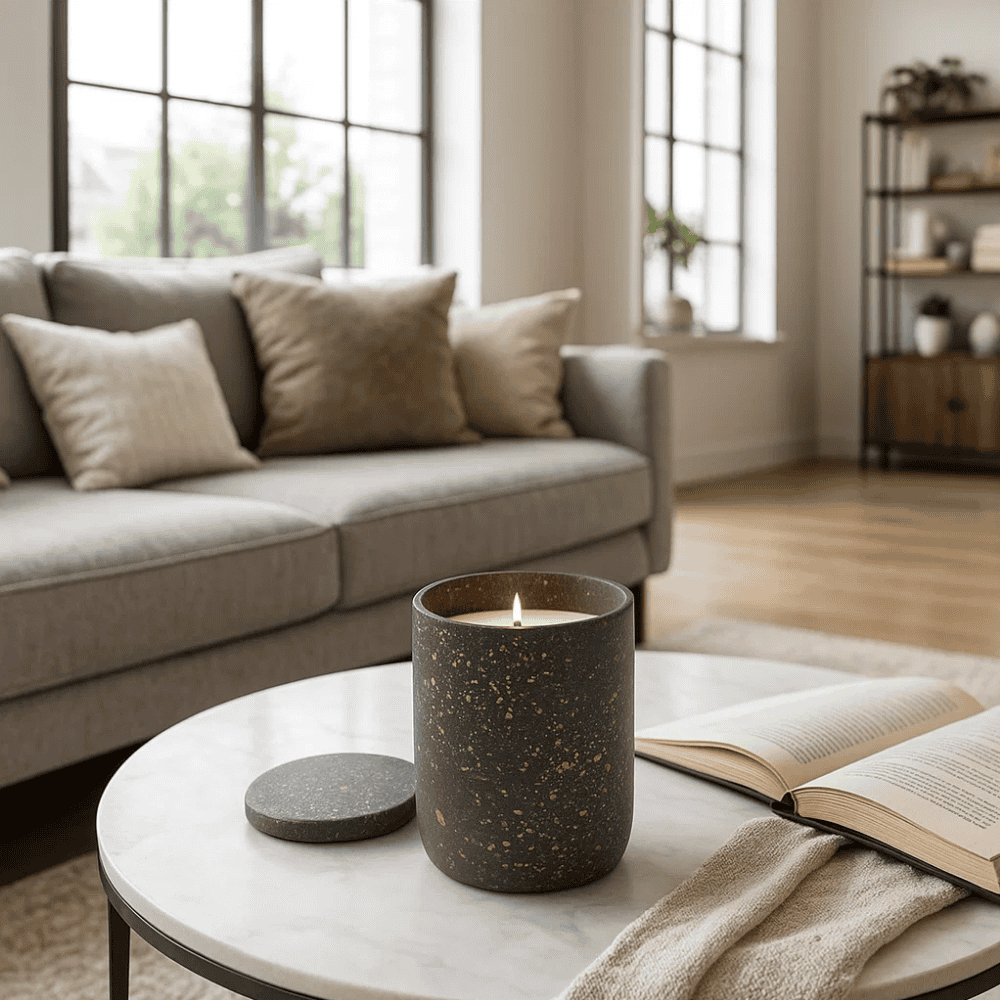 Concrete jar candle angled product shot