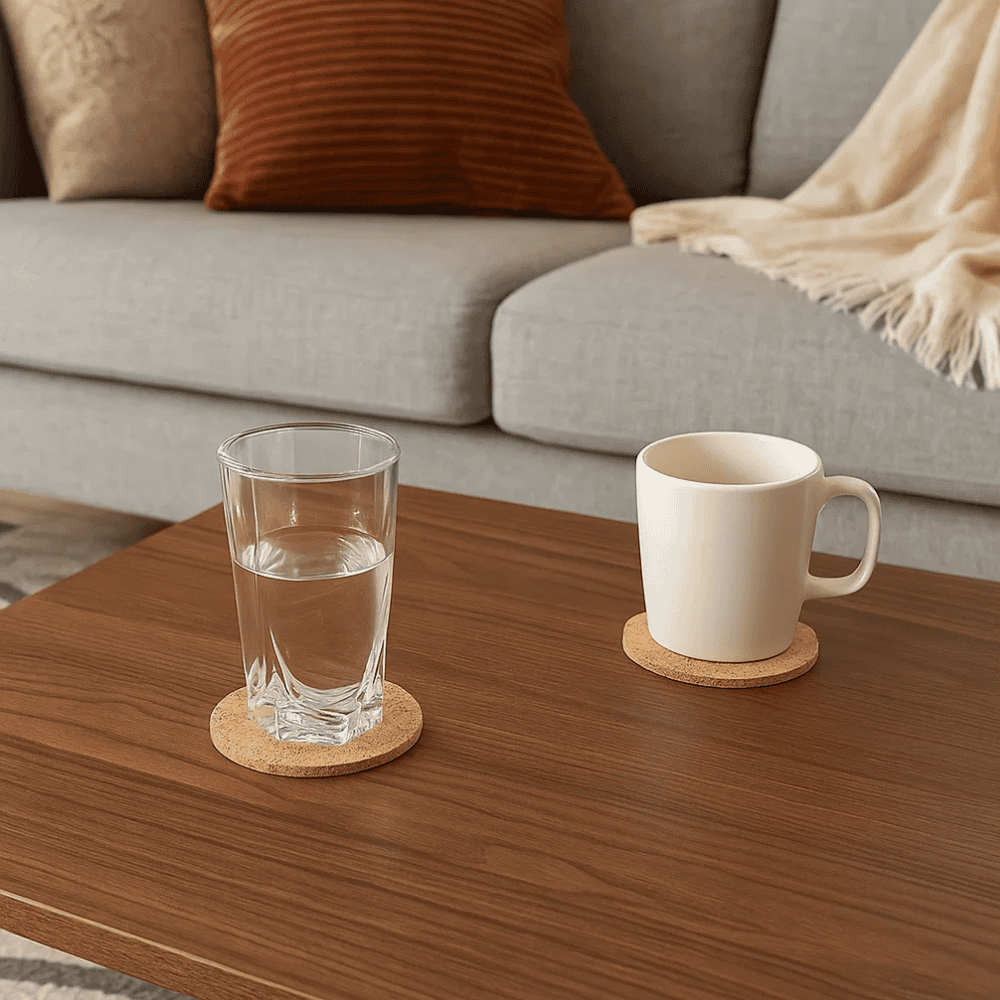 Cork coasters set styled with a mug