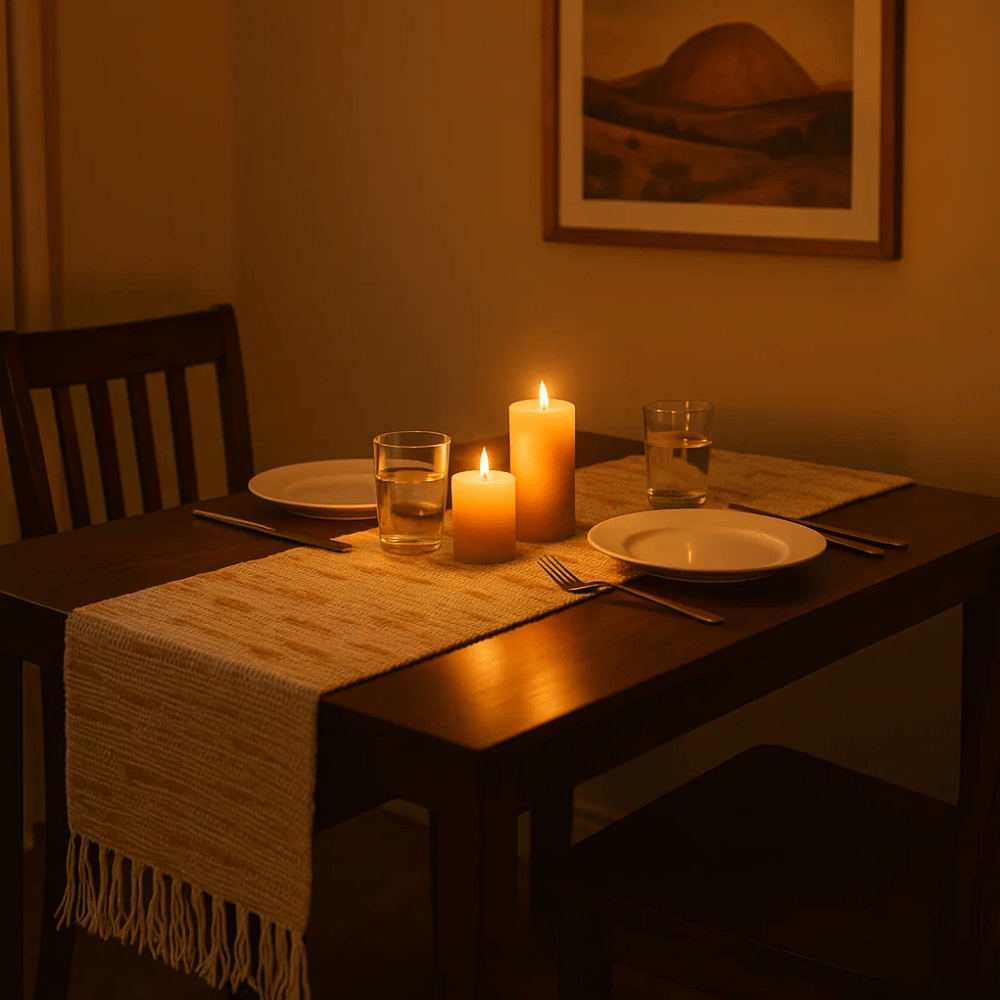 Earthy cotton table runner at an angle