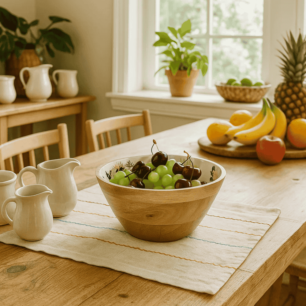 Botanical wood bowl at an angle
