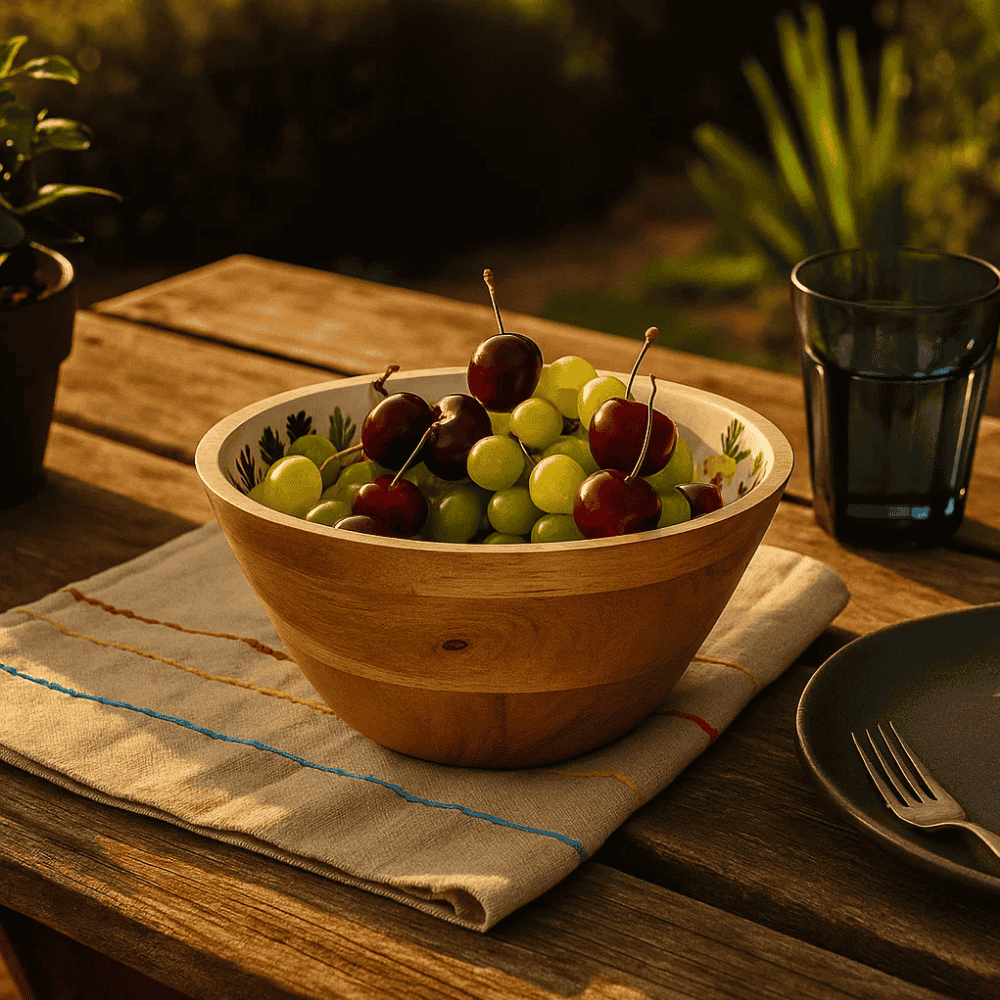 Botanical wood bowl rim detail