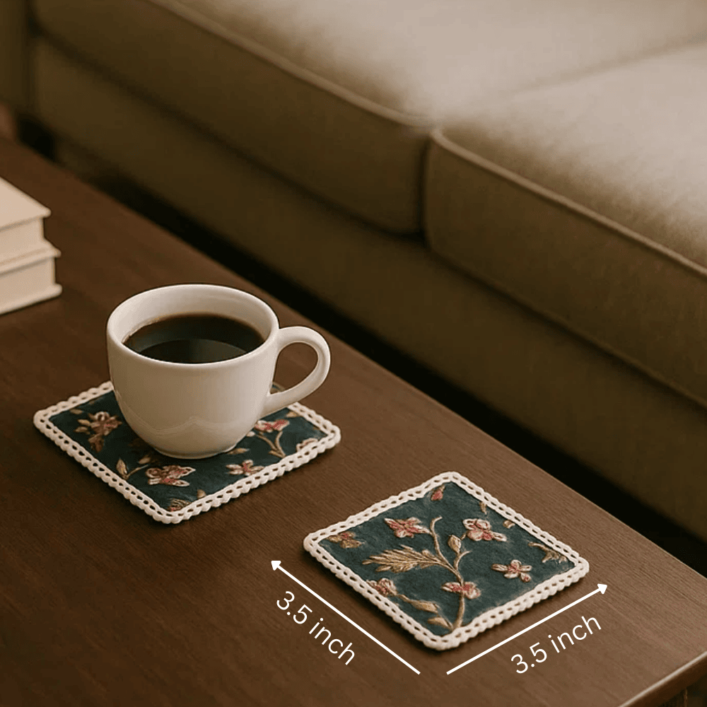 Cotton coasters styled with a mug