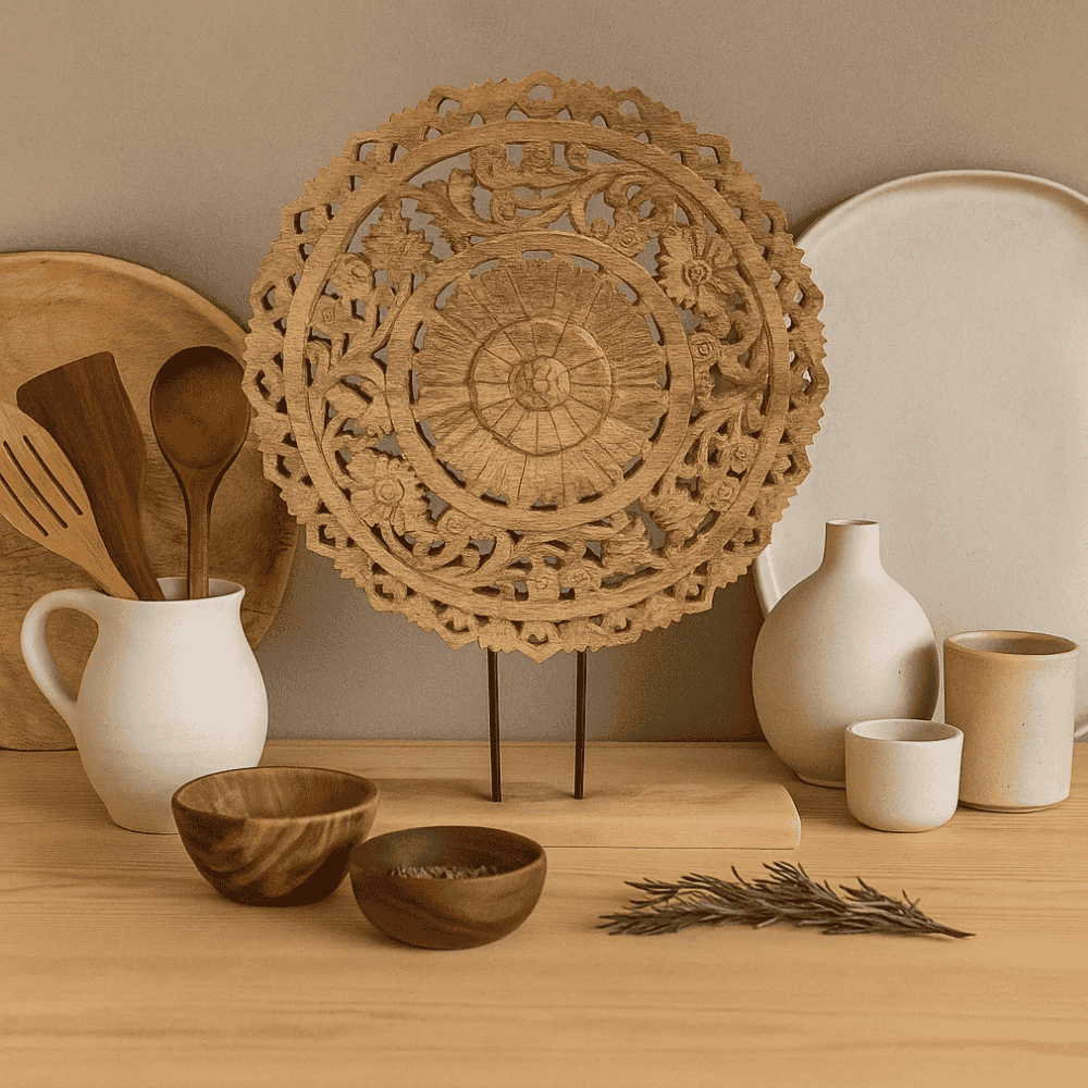 Burnt wood decor on a shelf