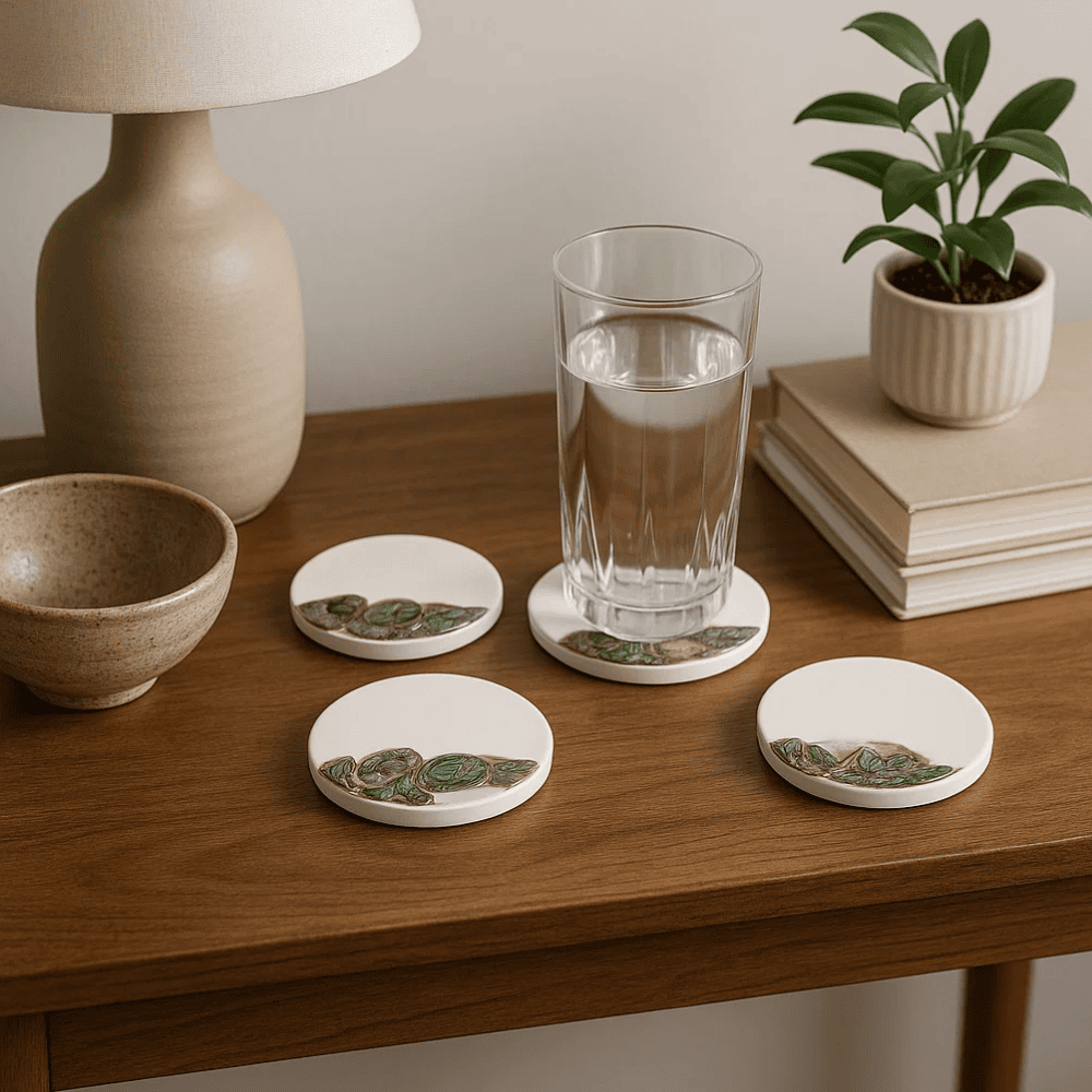 Abalone shell coasters at an angle