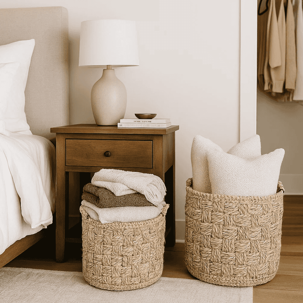 Nesting baskets in living room corner