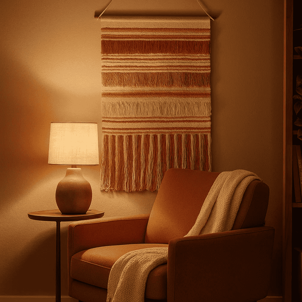 Bayadère stripe cotton wall hanging detail of fringed lower edge