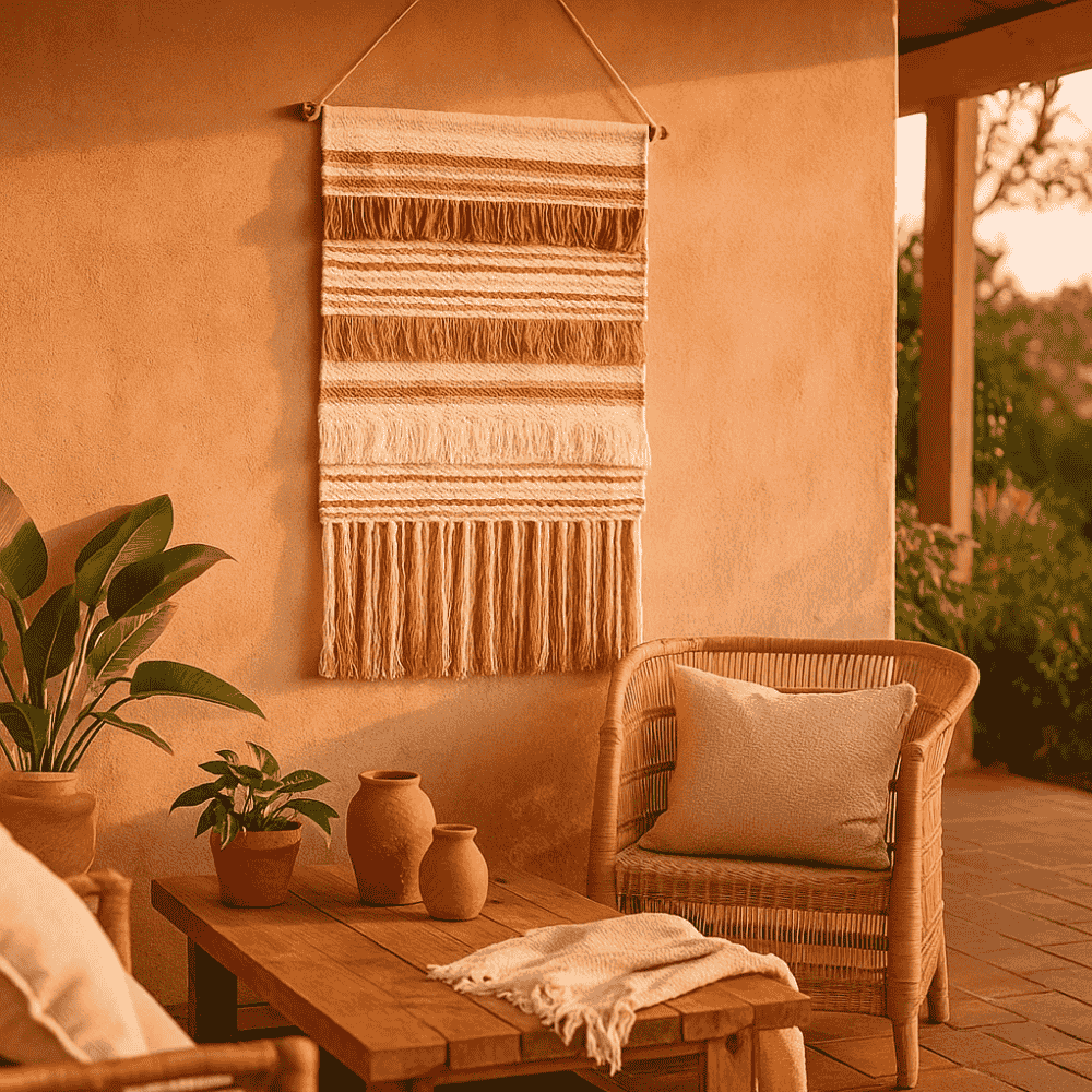 Bayadère stripe cotton wall hanging shown over a side console