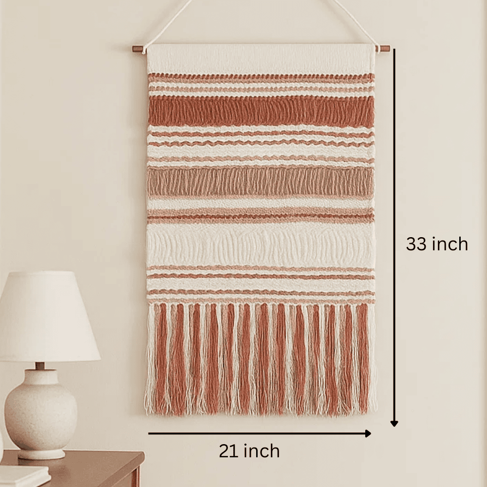 Bayadère stripe cotton wall hanging shown at an angle for depth
