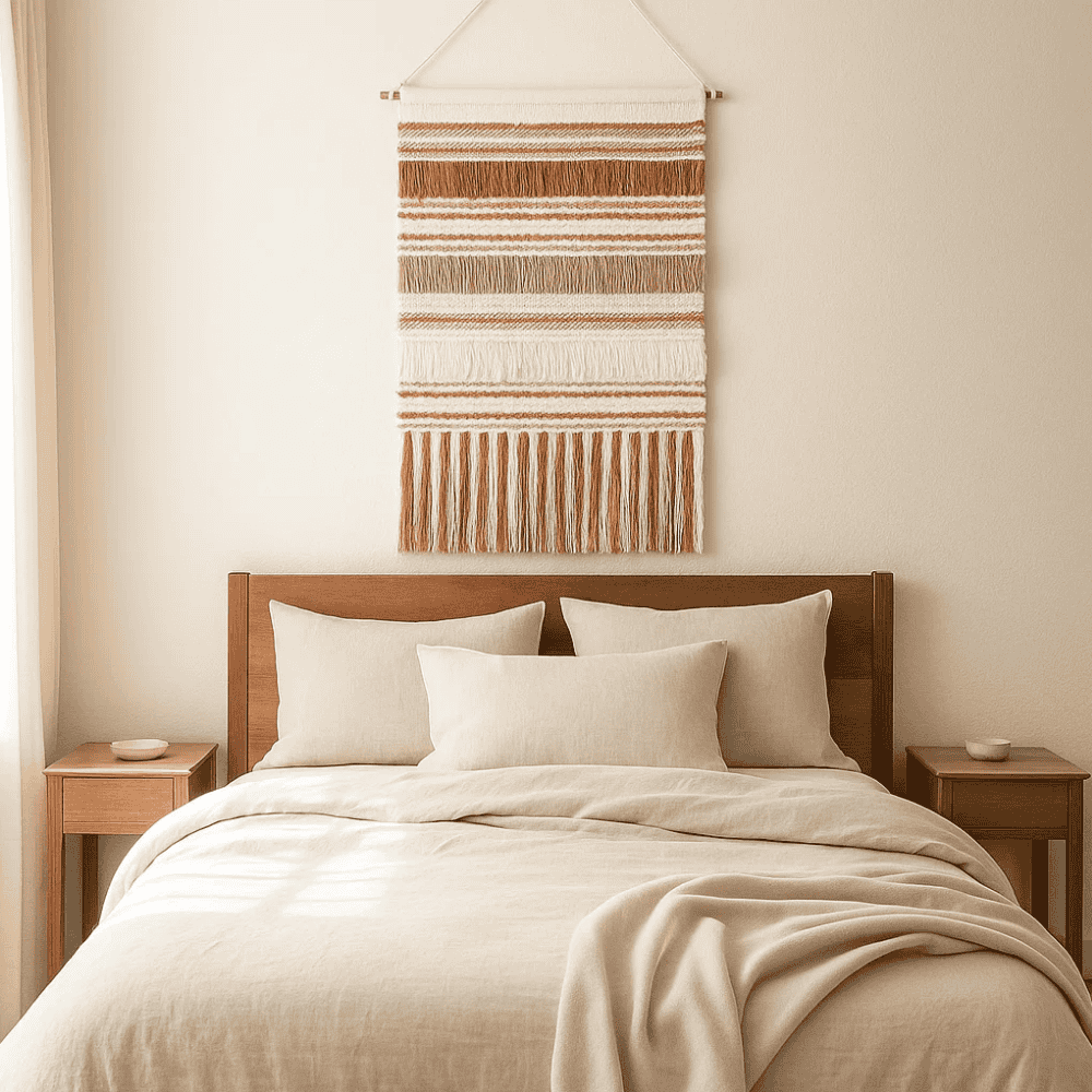 Bayadère stripe cotton wall hanging styled in a modern boho living room