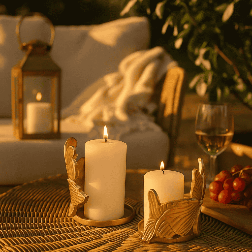 Hurricane candle holders flat lay top view showing petal design
