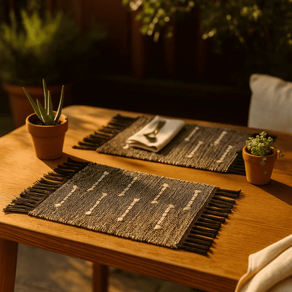 Handwoven tasseled placemats at an angle
