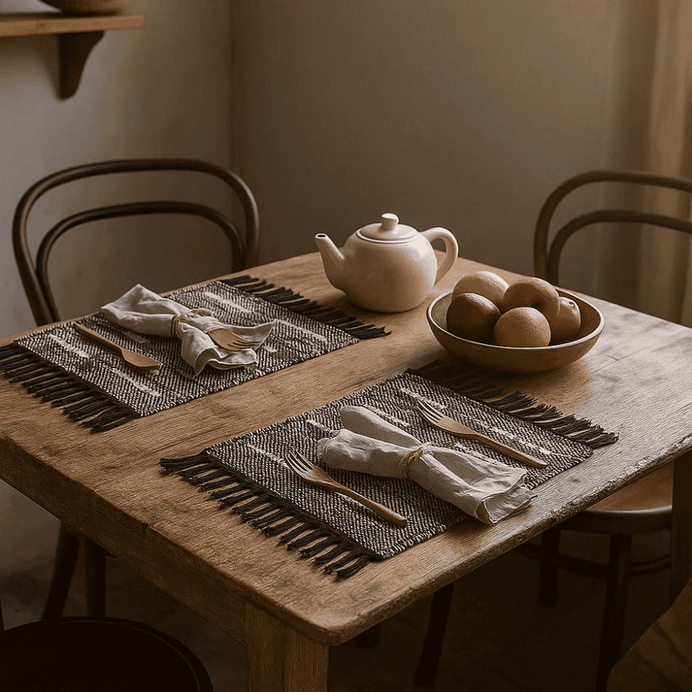 Handwoven tasseled placemats styled on a dining table