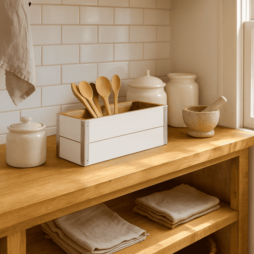 White mango wood storage box angled view