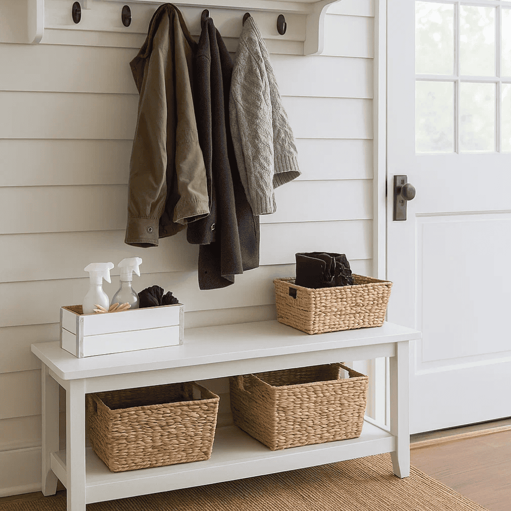 White mango wood storage box top-down view