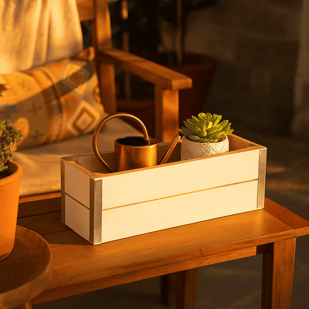 White mango wood storage box side view