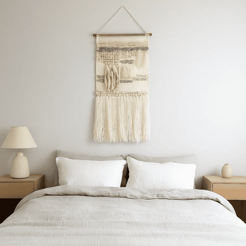 Woolen fringe wall hanging angled view