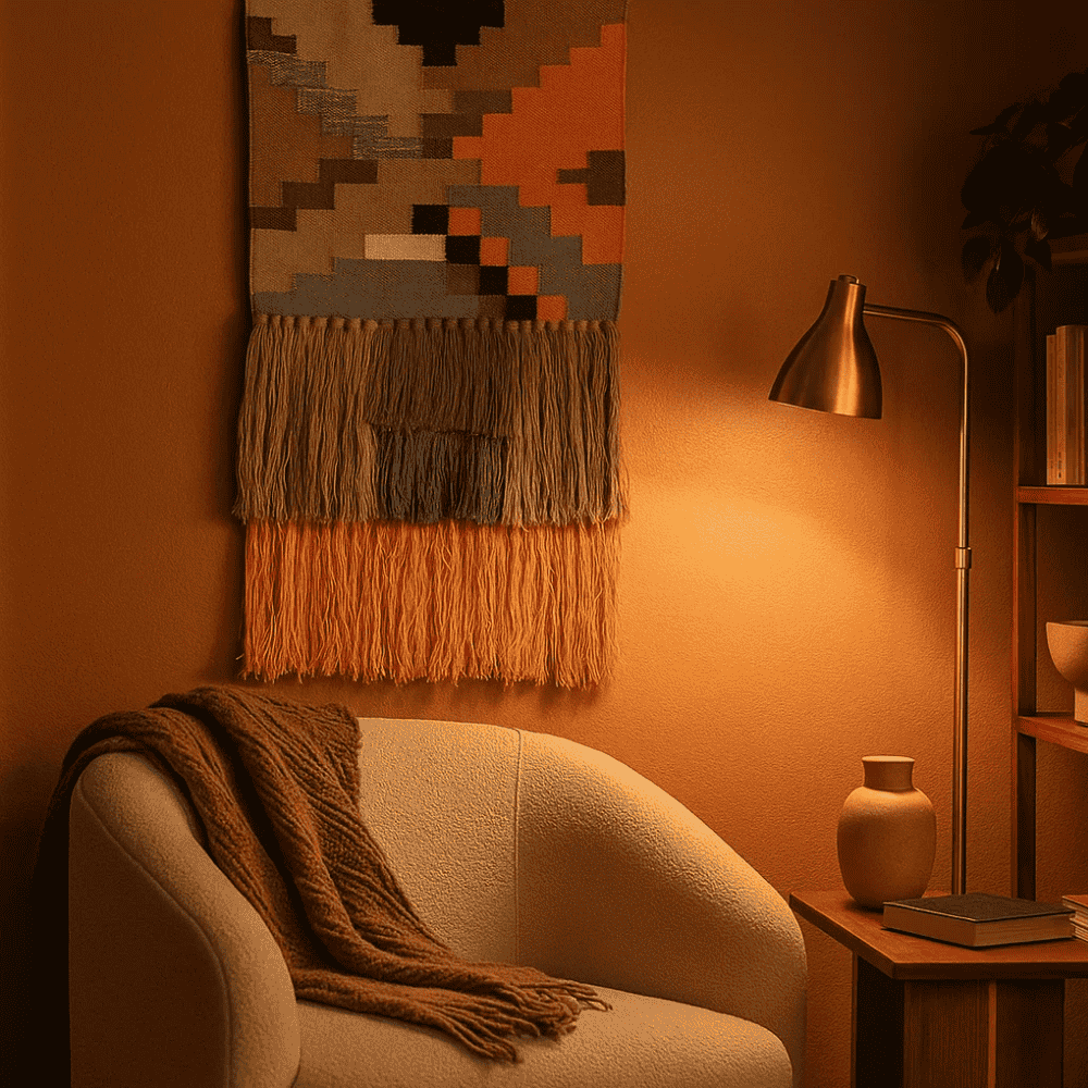 Colour block wool wall hanging shown at an angle