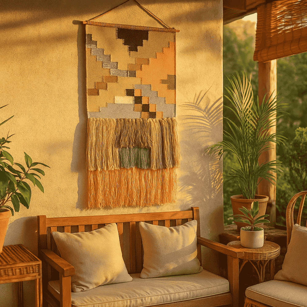Colour block wool wall hanging styled in a modern room