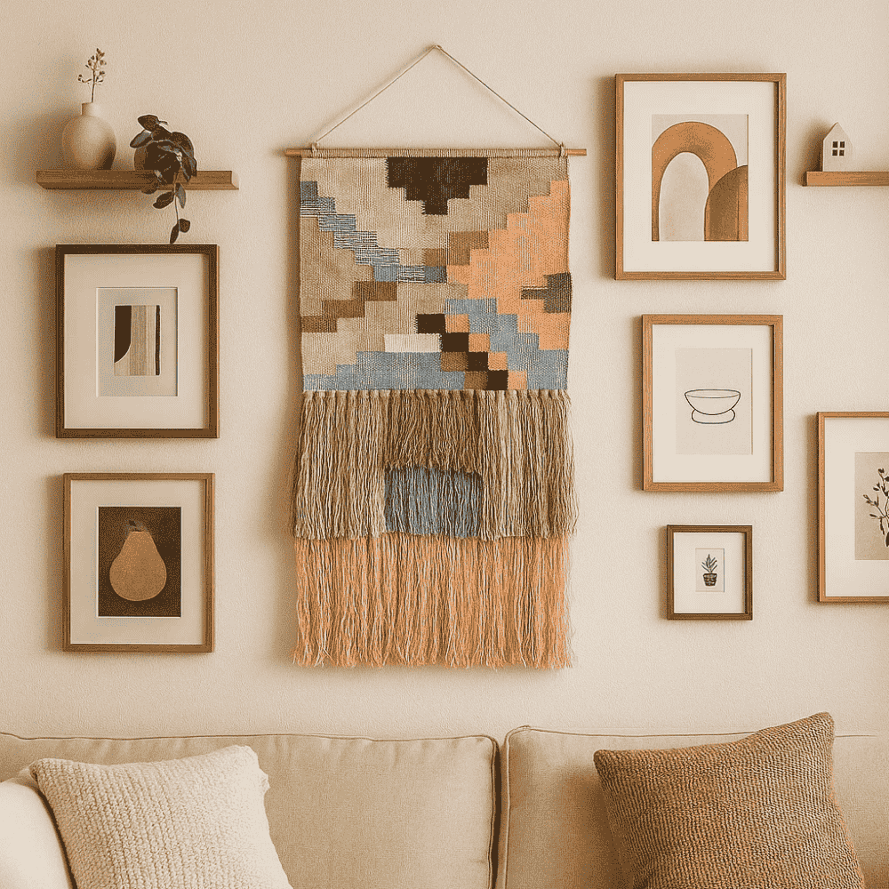 Colour block wool wall hanging on a plain wall