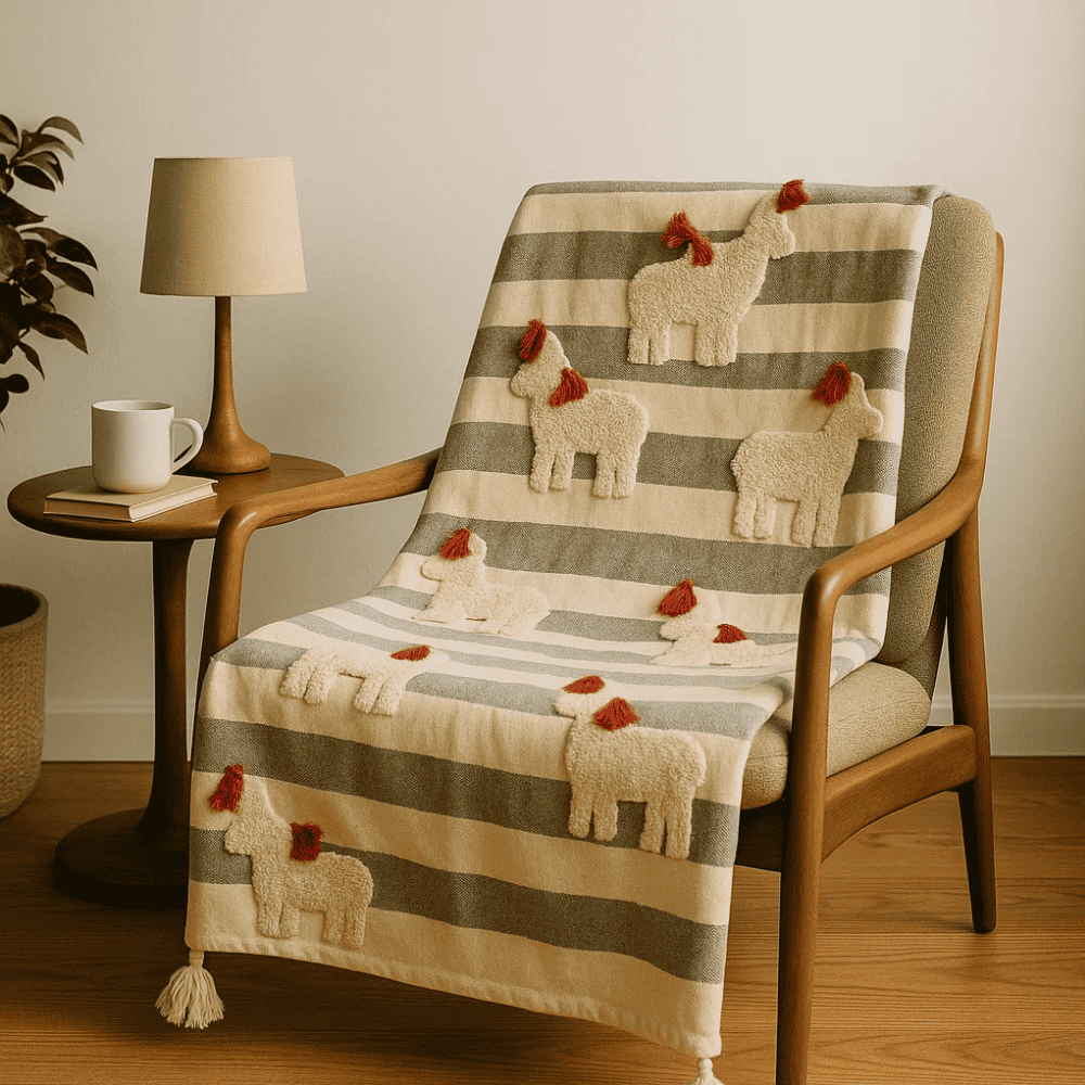 Embroidered throw blanket on a sofa