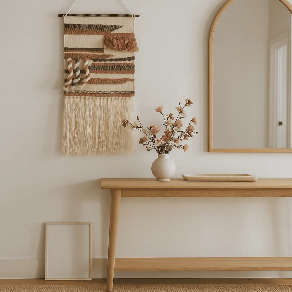 Dusty pink and blue wool wall hanging hand-woven by Gleemium