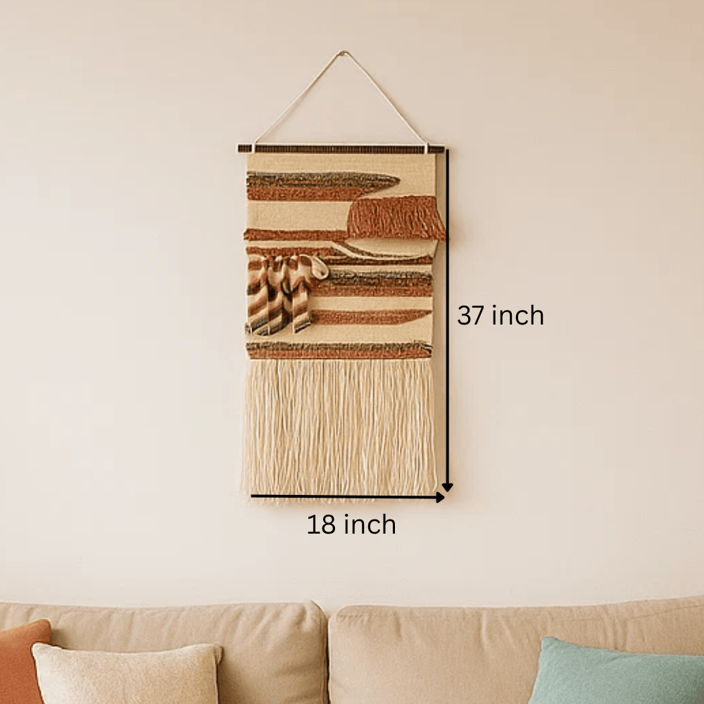 Dusty pink and blue wool wall hanging detail of fringe