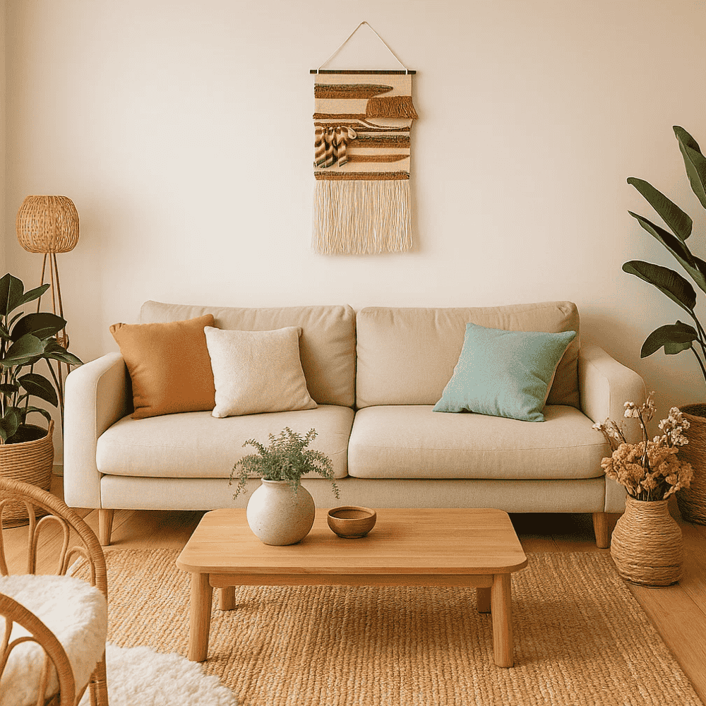 Dusty pink and blue wool wall hanging shown at an angle