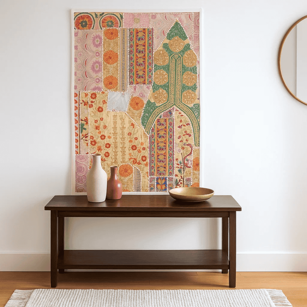 Upcycled wool wall hanging shown at an angle
