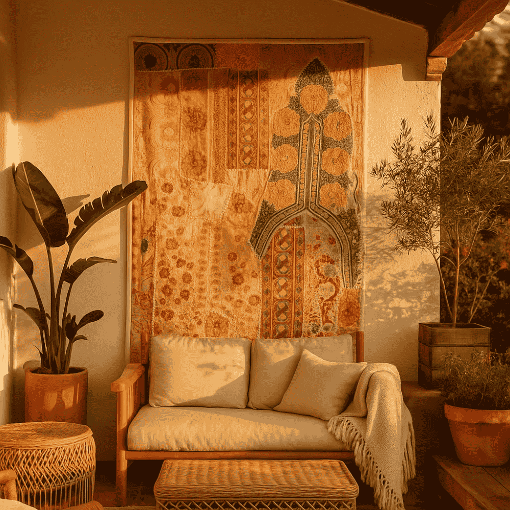 Upcycled wool wall hanging in an eclectic boho room