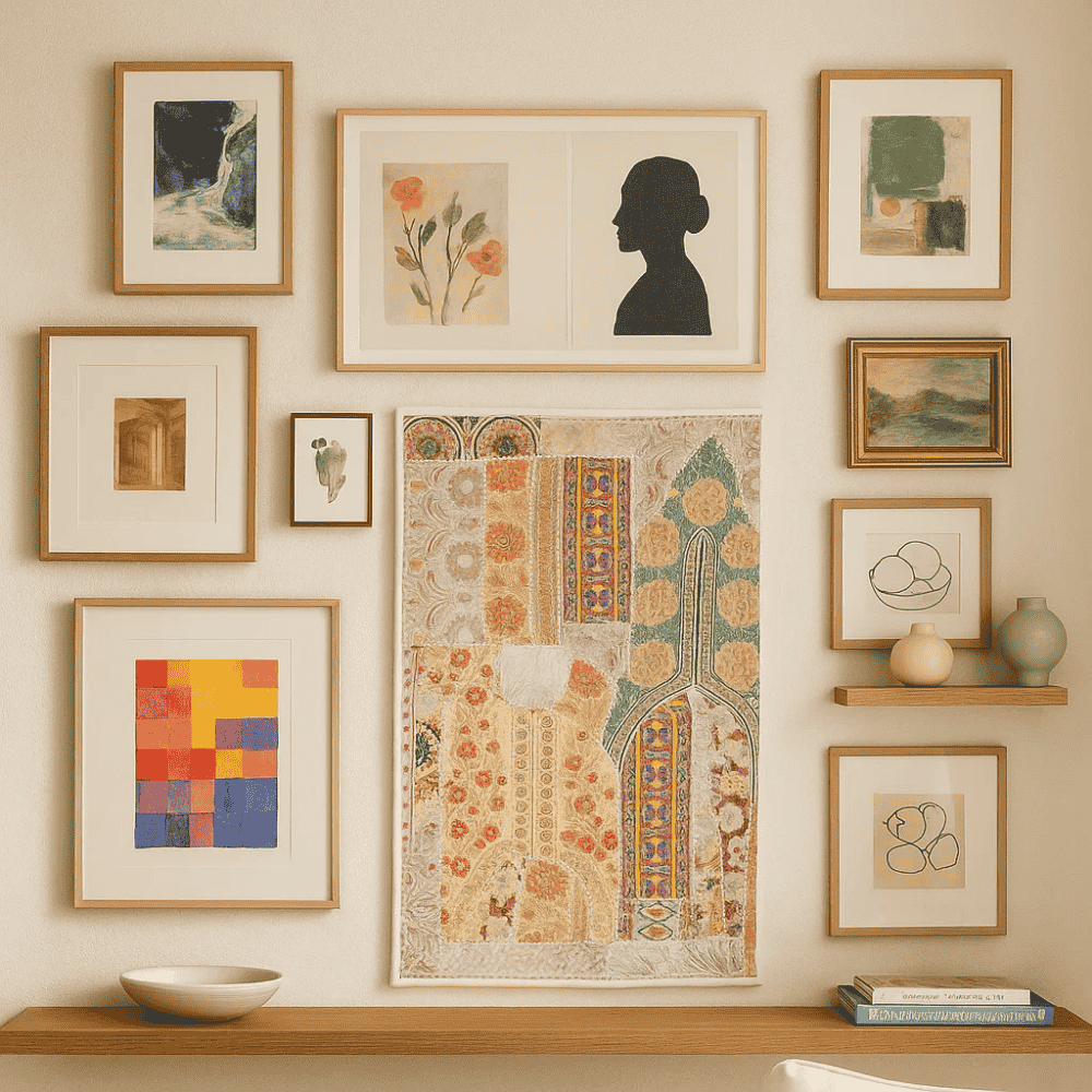 Upcycled wool wall hanging on a plain wall
