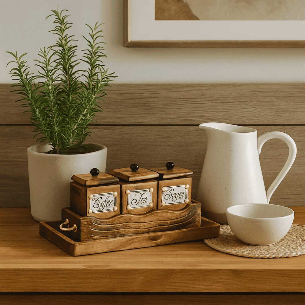 Mango wood storage jars on kitchen shelf