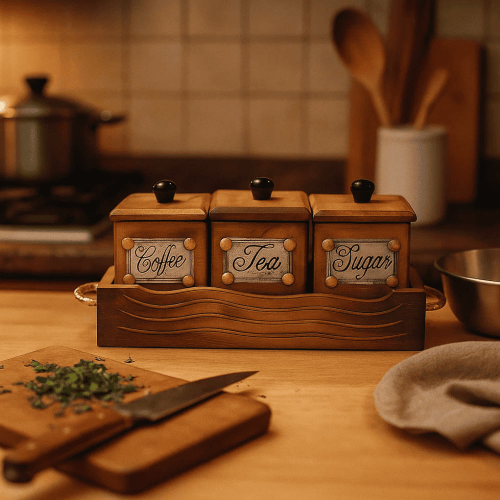 Mango wood storage jars angled view