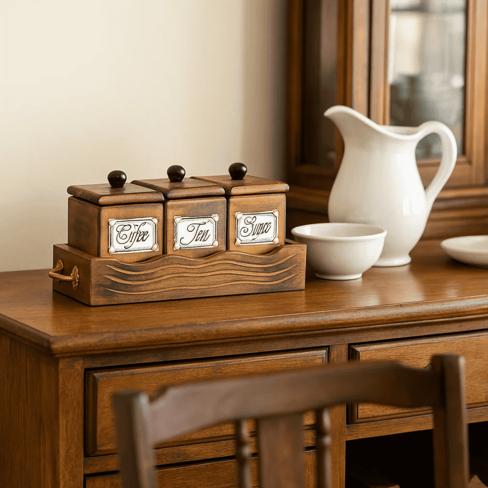 Mango wood storage jars with lids off