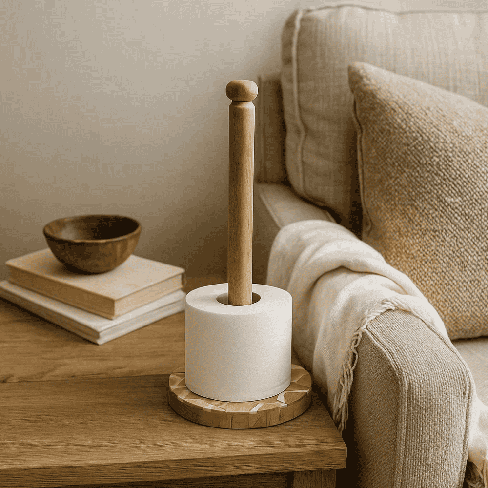 Wooden tissue holder distressed finish detail