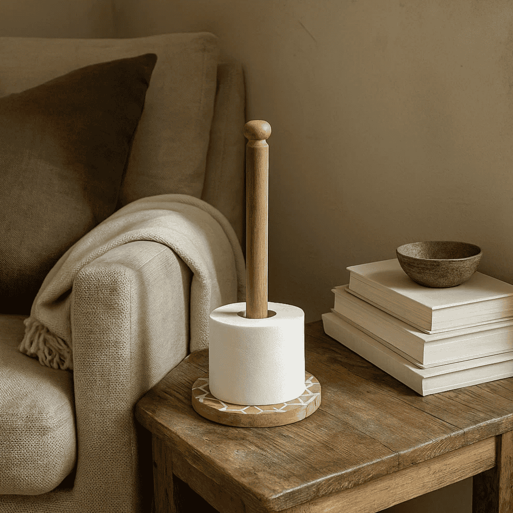 Wooden tissue holder side view