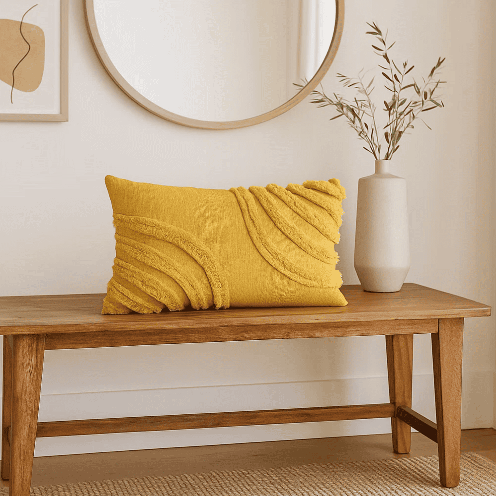 Shaggy lumbar cushion cover styled on a sofa