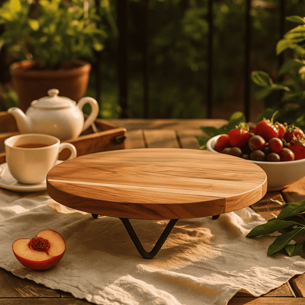 Acacia wood and iron cake stand angled view