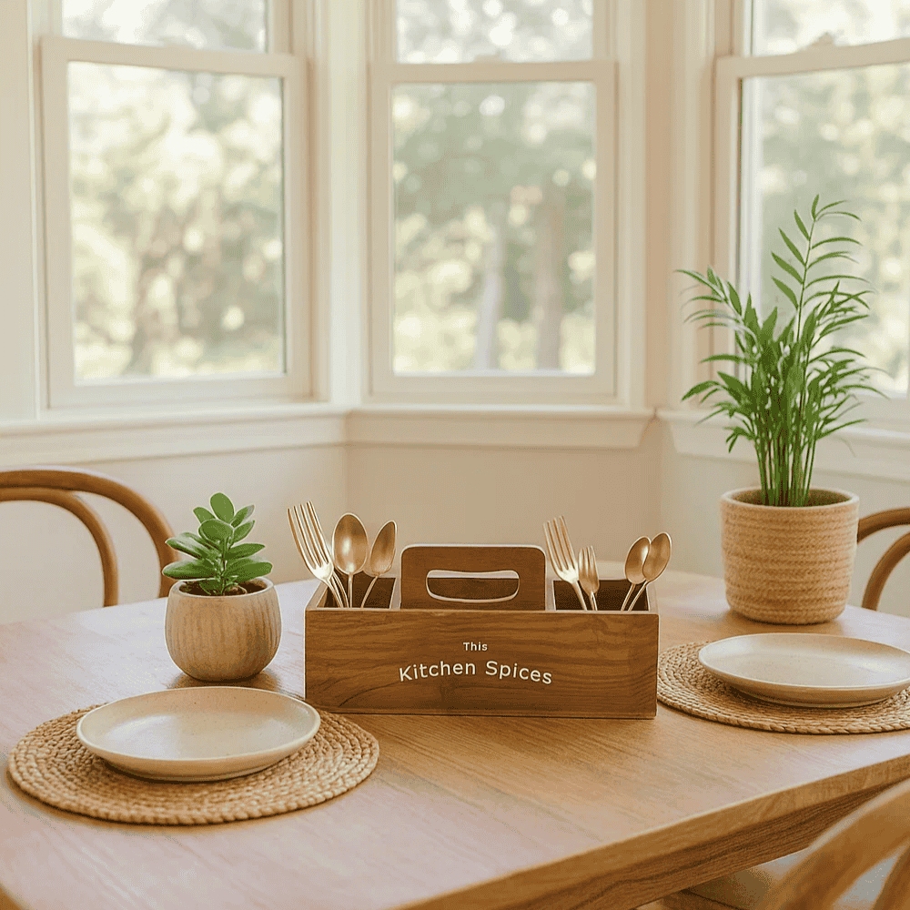 Wooden cutlery holder front view