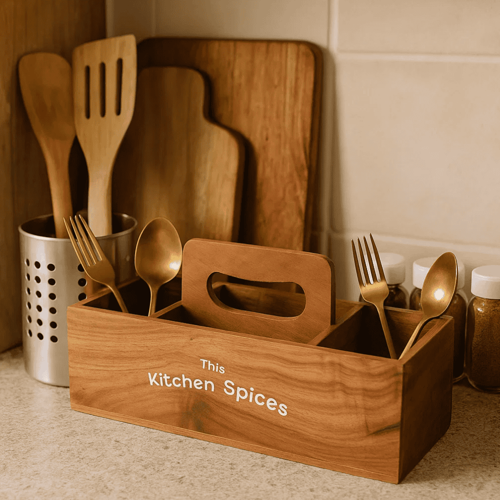 Wooden cutlery holder top view of compartments