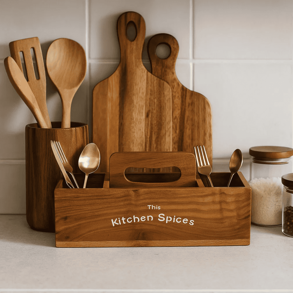 Wooden cutlery holder side view