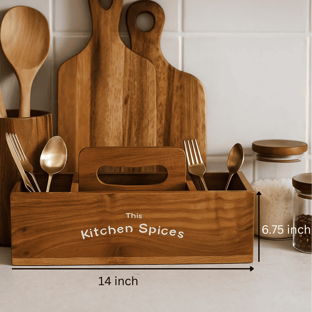 Wooden cutlery holder rustic finish detail