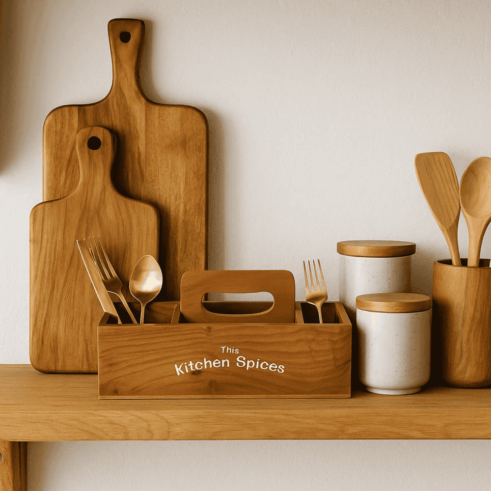 Wooden cutlery holder on a kitchen bench