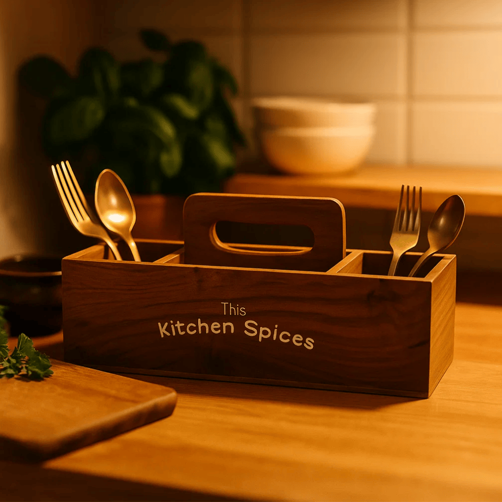 Wooden cutlery holder with utensils