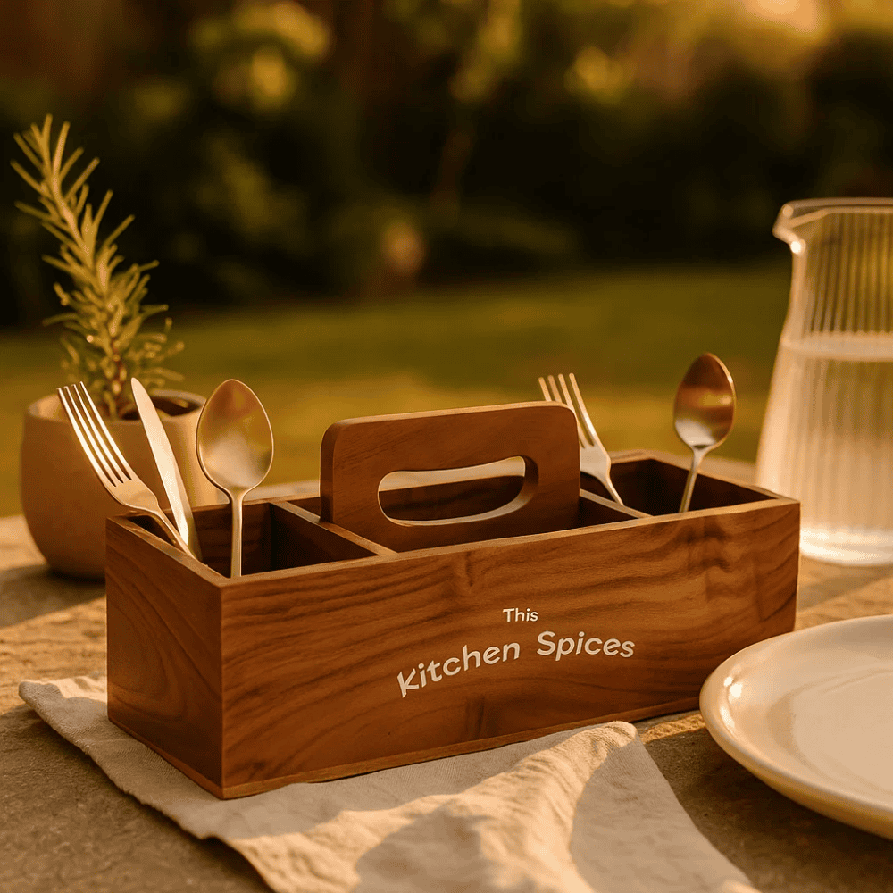 Wooden cutlery holder at an angle