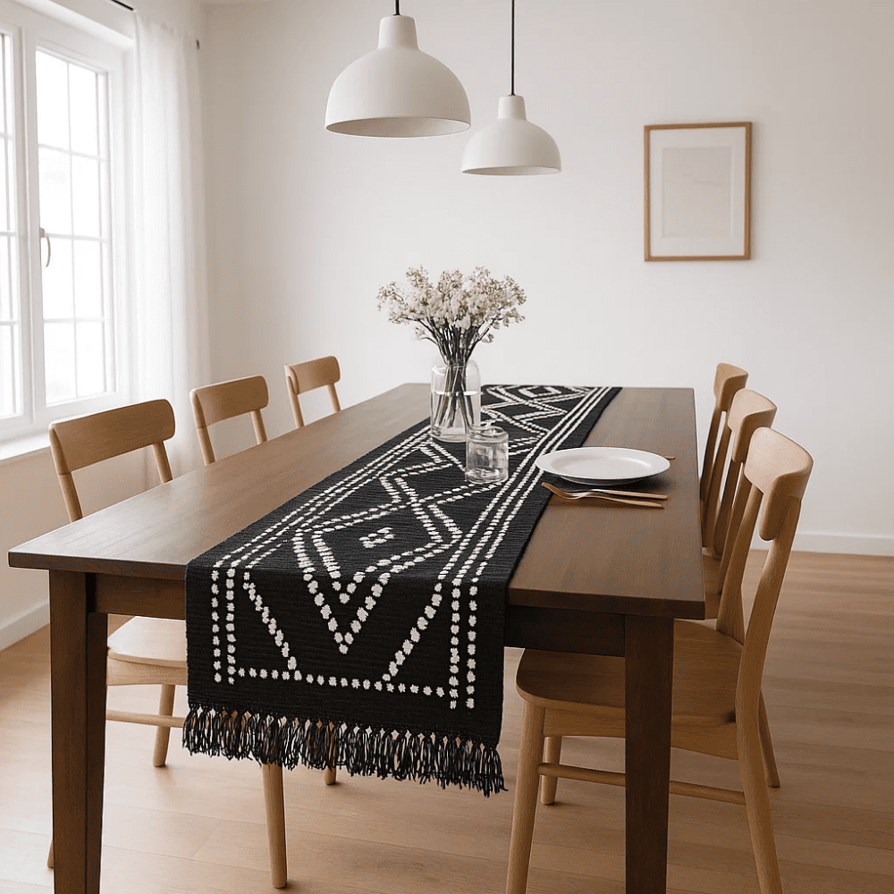 Monochrome table runner handwoven by Gleemium